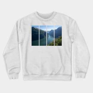 Wonderful landscapes in Norway. Vestland. Beautiful scenery of Geiranger Fjord from the Ornesvingen viewpoint. Snowed mountains, trees and waterfalls Crewneck Sweatshirt